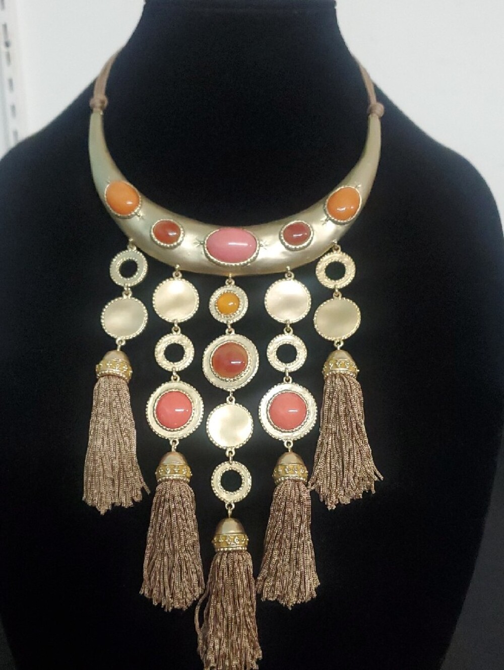 Chico's Gold-Tone Collar Necklace with Pink, Orange & Brown Tassels - Picture 3 of 6
